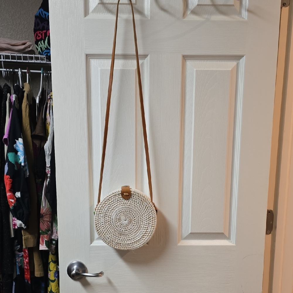 Round Woven Crossbody Bag with Tan Strap